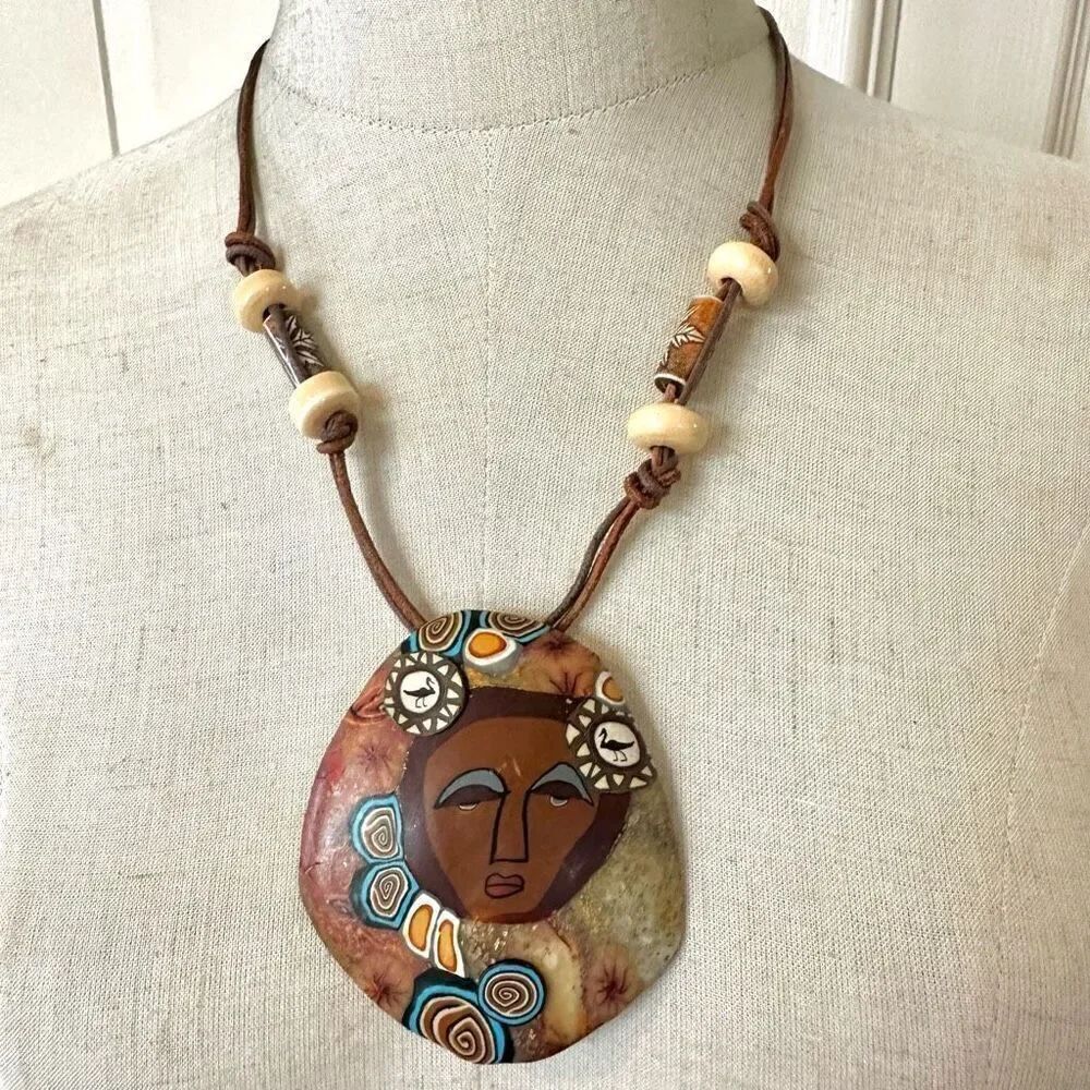African lady hand paintedโpendant/brooch beaded necklace